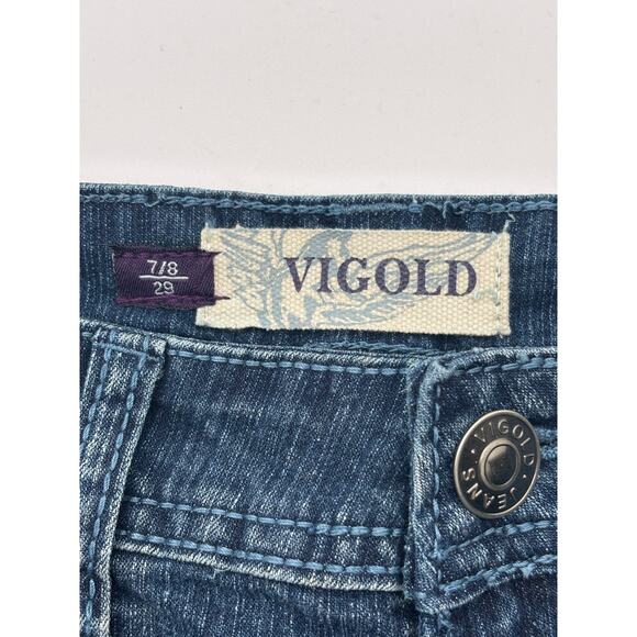Vigold Skinny Jeans Women 7/8 Straight Leg Faded Distressed Sequined Medium Wash - Picture 3 of 13